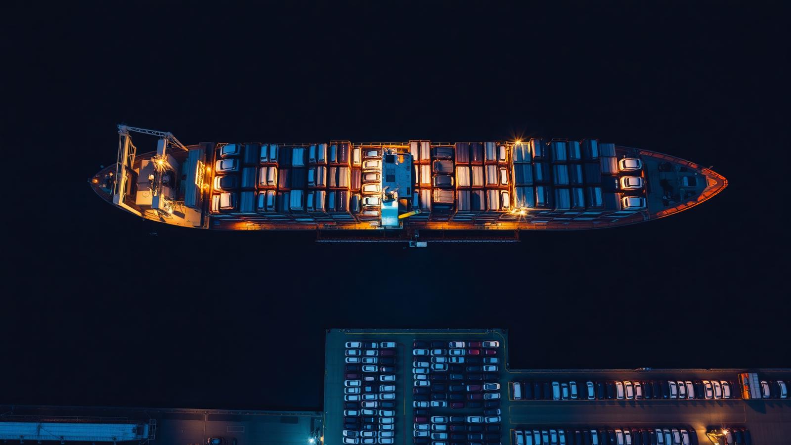 Aerial view of a car carrier ship loading vehicles at a port at night